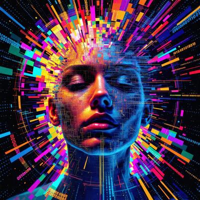 The primary subject of the image is a woman's face, which is the main focus of the image. The setting is a futuristic, digital art-style environment, with a colorful and vibrant background. The visual style is a combination of photo and digital art, creating a unique and eye-catching image. The colors and mood are lively and energetic, with a strong emphasis on the woman's face and the surrounding digital art elements.